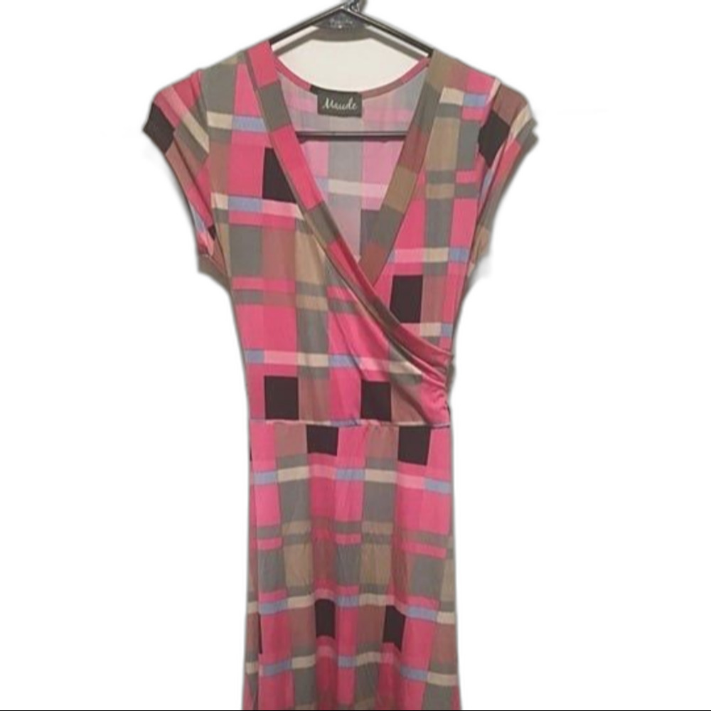 Maude Pink & Grey Plaid Mock Wrap V-Neck Stretch Midi Dress - Size Small